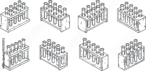 A set of laboratory test tubes and flasks in black and white outline vector style, perfect for scientific illustrations and educational materials