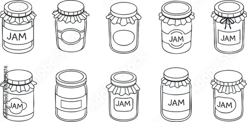 A collection of jam jars in outlined vector style, suitable for food packaging and kitchen design projects