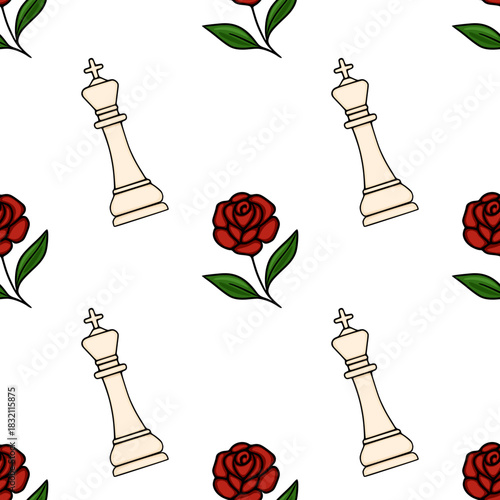 Seamless vector pattern featuring a playful arrangement of cream-colored chess king pieces and vibrant red roses with green leaves, set against a crisp white background, evoking a sense of strategi...