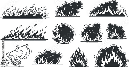 A collection of fire and smoke elements in black and white outline vector style, suitable for graphic design and illustrations