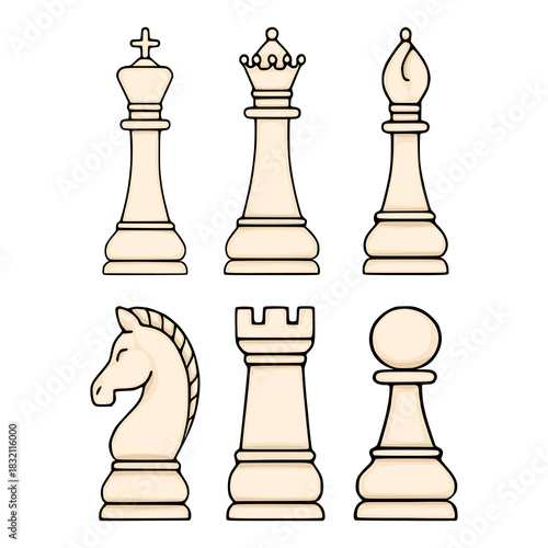 A clean, minimalist vector illustration showcasing a collection of iconic chess pieces, including the King, Queen, Bishop, Knight, Rook, and Pawn, rendered in a light cream color with bold black ou...