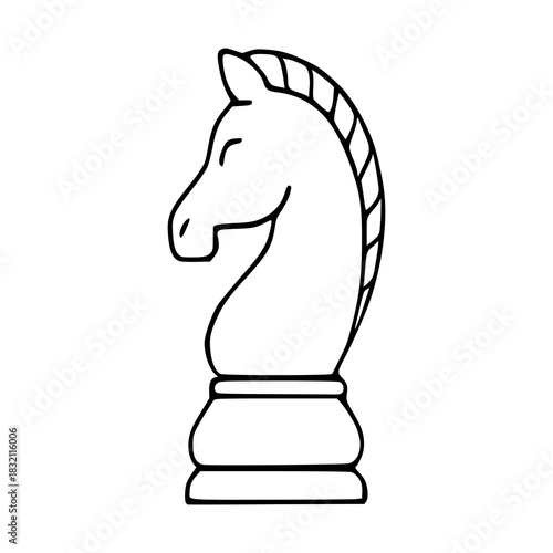 Minimalist vector illustration of a chess knight piece with a clean outline on a white background, emphasizing classic game strategy and elegance.