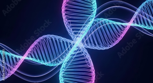 Futuristic glowing double helix DNA strands in vibrant neon colors against a dark background, symbolizing science and innovation.
