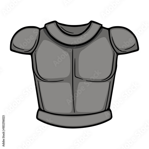 A stylized gray vector illustration of a knight's chest plate with shoulder guards, showcasing a muscular chest design and bold black outlines against a white background.