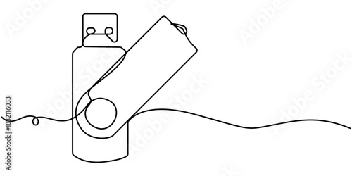  Pen Drive continuous one line drawing,  in minimalist white background, isolated outline illustration. 