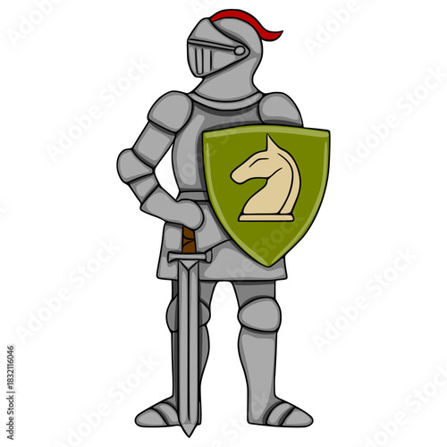 A stylized vector illustration of a knight in full armor, holding a shield with a chess knight emblem and a sword, depicted in a clean, graphic style with bold outlines and flat colors.
