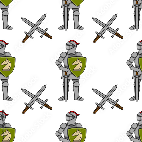 Seamless vector pattern of medieval knights in full armor with shields featuring a horse emblem and crossed swords, set against a clean white background.