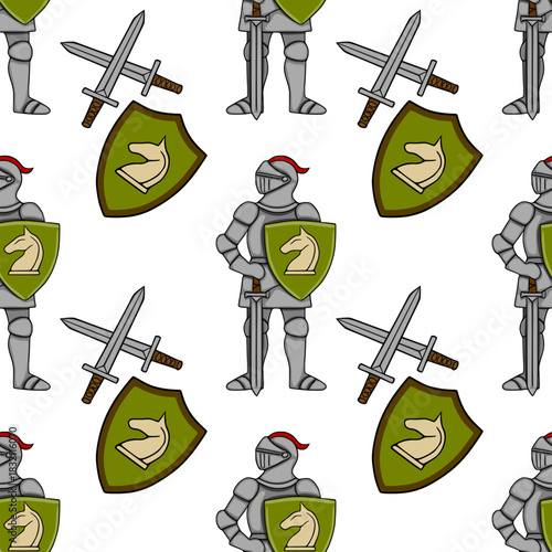 Seamless vector pattern of medieval knights in full armor, holding shields with chess horse emblems and crossed swords, on a white background.