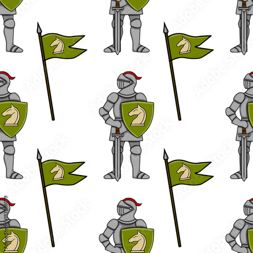 Seamless vector pattern featuring medieval knights in full armor, holding shields with a horse emblem and a lance with a green flag.