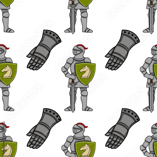 Seamless vector pattern featuring medieval knights in full armor, holding shields with a white horse emblem, and a separate gauntlet element, rendered in a flat, illustrative style with a neutral p...