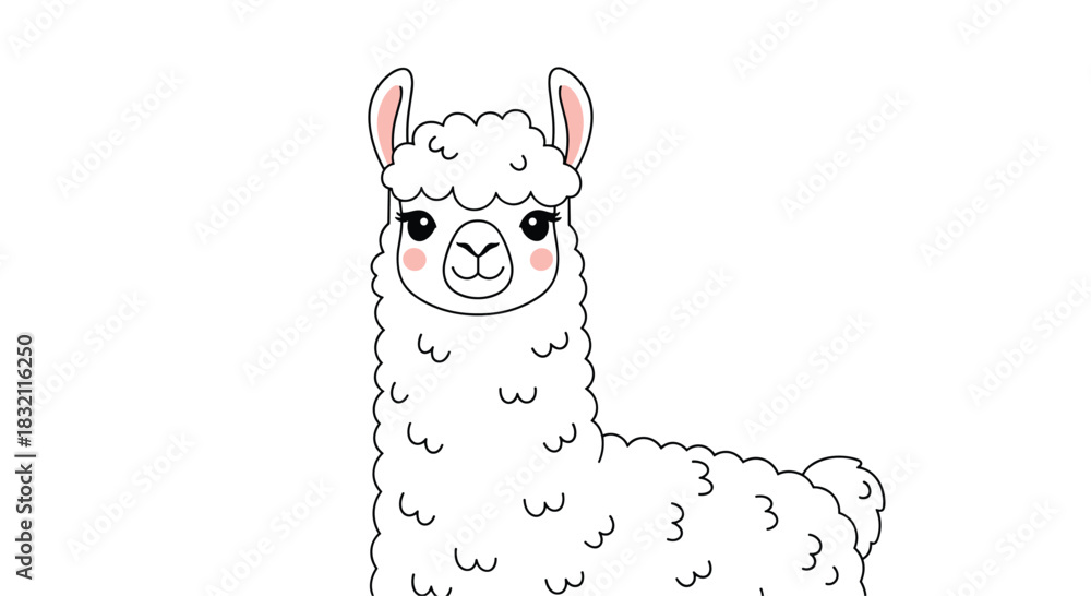 Naklejka premium Adorable white fluffy llama or alpaca with pink cheeks and big eyes, illustrated in a cute, friendly cartoon kawaii style.