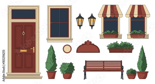 Collection of classic and elegant front door and street elements including a bench, lanterns, and potted plants for design.