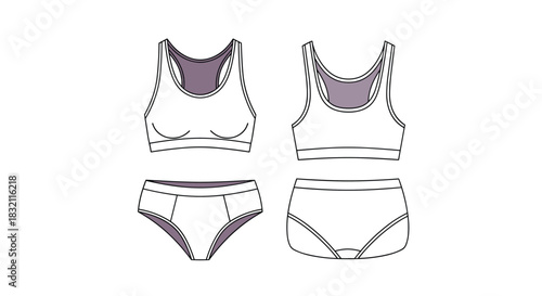Technical sketch of a women's sportswear set, including a sports bra and panties, shown in front and back line art views.