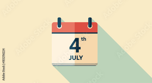 Flat design tear-off calendar icon with a long shadow, showing the date July 4th for USA Independence Day celebration.