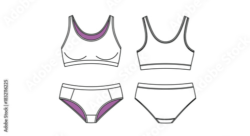Line art fashion illustration of a women's athletic underwear set, featuring a sports top and briefs in front and back views.
