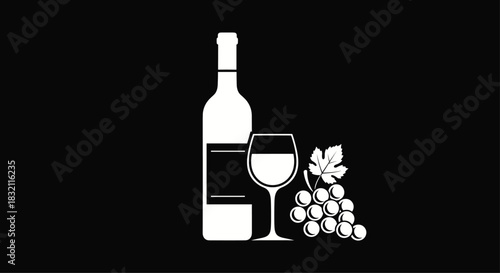 White silhouette icon of a wine bottle, a full glass, and a bunch of grapes, creating a classic still life on a black background.