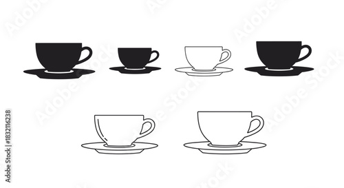 Set of six coffee or tea cup and saucer icons, presented in both black silhouette and simple outline styles for various uses.