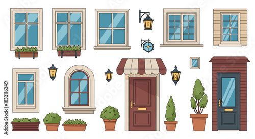 Large collection of vintage-style exterior building elements, including various doors, windows, awnings, and potted plants.