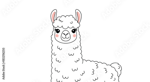 Adorable white fluffy llama or alpaca with pink cheeks and big eyes, illustrated in a cute, friendly cartoon kawaii style.