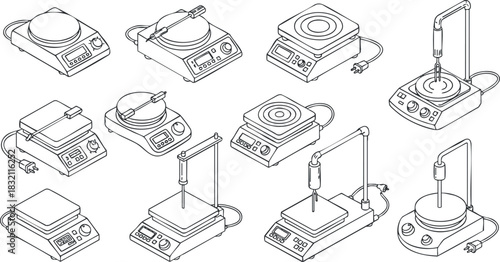 A collection of laboratory heating devices and scales in minimalist outline vector style, ideal for scientific research and educational materials