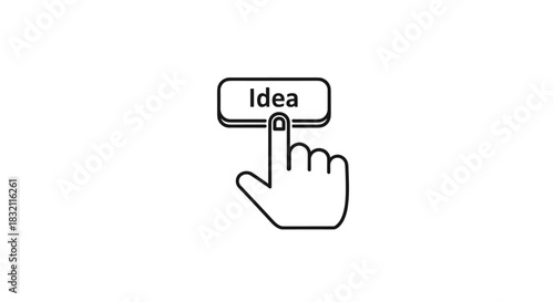 Line art icon of a finger pressing a rectangular button with the word "Idea," symbolizing creativity and brainstorming sessions.