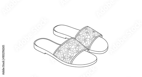 Outline illustration of a pair of women's slide sandals with a detailed floral pattern, perfect for a coloring book page.