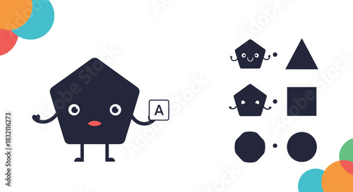 Children's educational game for learning shapes, featuring a cute pentagon character and a shadow matching activity puzzle.