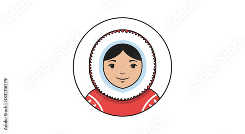 Circular avatar icon of a smiling Inuit person wearing a traditional red and white hooded parka for cold weather climates.