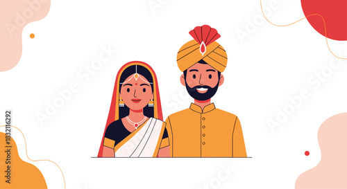 Beautiful Indian wedding illustration of a bride and groom in traditional attire, with the groom wearing a turban and sherwani.