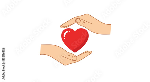 Illustration of two hands gently cupping a shiny red heart, symbolizing love, care, charity, and health awareness concepts.