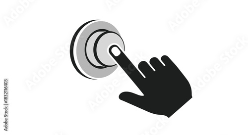 Monochrome icon of a hand with the index finger pressing a round button or doorbell, symbolizing action and interaction.