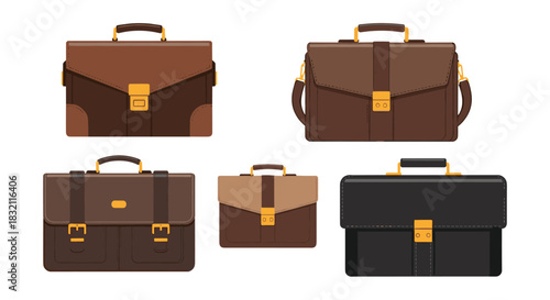 Set of five classic and modern leather briefcases for business professionals, shown in various shades of brown and black.