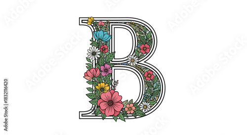 Ornately decorated capital letter B from the alphabet, beautifully embellished with a variety of colorful flowers and green leaves.