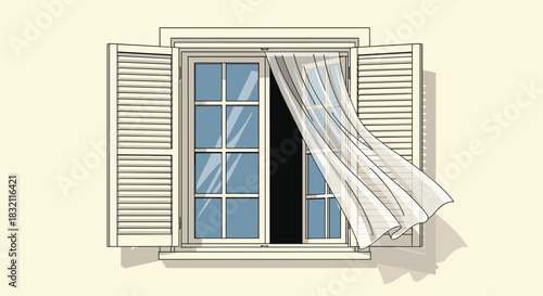 Classic window with open wooden shutters and a light curtain gently blowing in the wind, creating a calm and airy feeling.