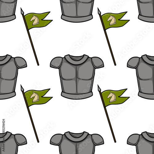 A seamless vector pattern featuring medieval knight's armor chest plates and green flags with a white horse emblem, perfect for historical or fantasy themed backgrounds.