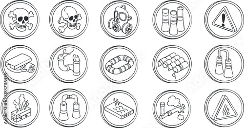 A collection of hazard and safety icons in black and white outline vector style, suitable for industrial safety and emergency signage