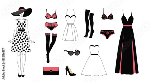 Fashion collection set with a stylish woman in a polka dot dress and various outfits, lingerie, and accessories for women.