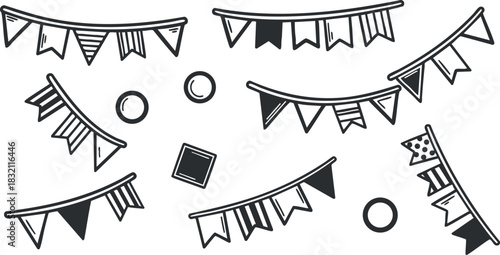 A collection of decorative banners and flags in black and white outline vector style, perfect for festive celebrations and event decorations
