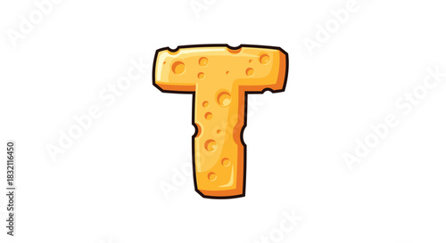 Fun cartoon food alphabet with the capital letter T designed to look like a porous and delicious yellow piece of cheese.