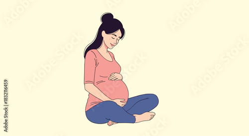 Peaceful pregnant woman with her eyes closed, sitting cross-legged and gently holding her belly in a calm and loving pose.