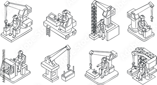 A set of construction workers operating various cranes and machinery in outline vector style, suitable for engineering and industrial projects