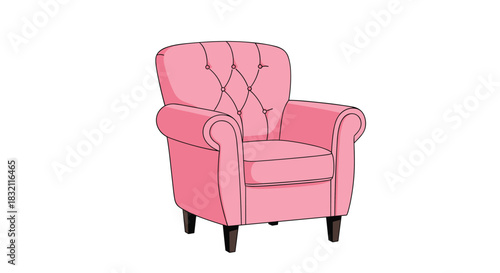 Comfortable and stylish pink tufted armchair with classic rolled arms and dark wooden legs, isolated on a white background.