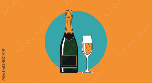 Illustration of a champagne bottle and a flute glass, ready for a toast and celebration, on an orange and blue background.