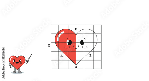 Educational drawing worksheet for children to copy a cute cartoon heart character on a grid, learning coordinates and symmetry.