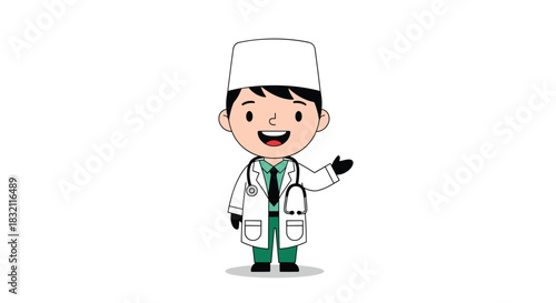 Friendly cartoon doctor character wearing a white coat, a stethoscope, and a surgical cap, gesturing with a welcoming smile.