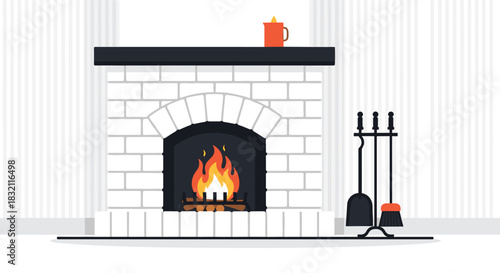 Cozy living room interior featuring a white brick fireplace with a burning fire, a mantel, and a set of fireplace tools.