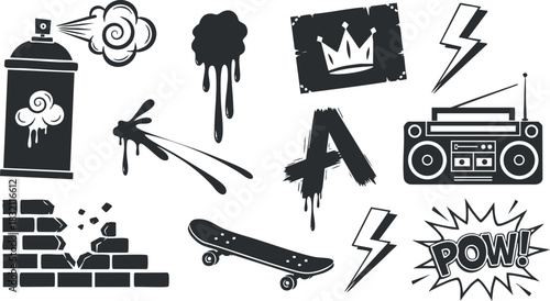 A collection of graffiti elements including spray cans, skateboard, and urban symbols in black and white vector style, perfect for street art projects