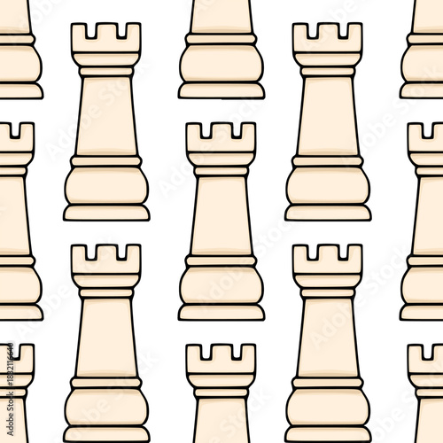 Seamless repeating vector pattern of stylized cream-colored chess rooks with thick black outlines against a clean white background.