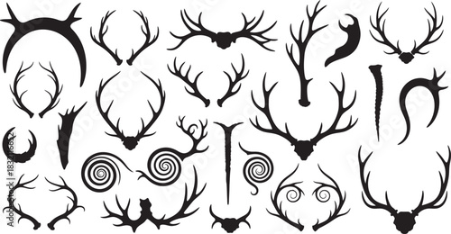 Diverse collection of deer antlers and animal horns silhouettes, a comprehensive set of wild animal head adornments. Vector