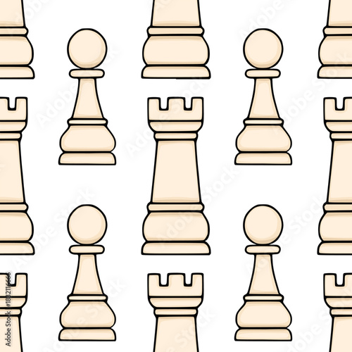 Seamless vector pattern of stylized light beige chess pieces, featuring pawns and rooks with thick black outlines and subtle shading, creating a clean and classic game-themed background.